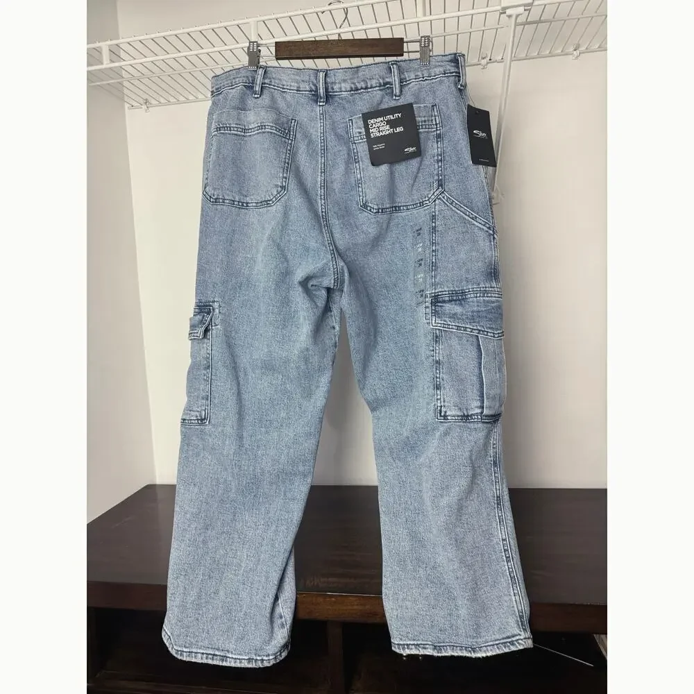 Silver Jeans Co. Denim Utility Cargo Jeans Mid Rise Straight Leg size 14W